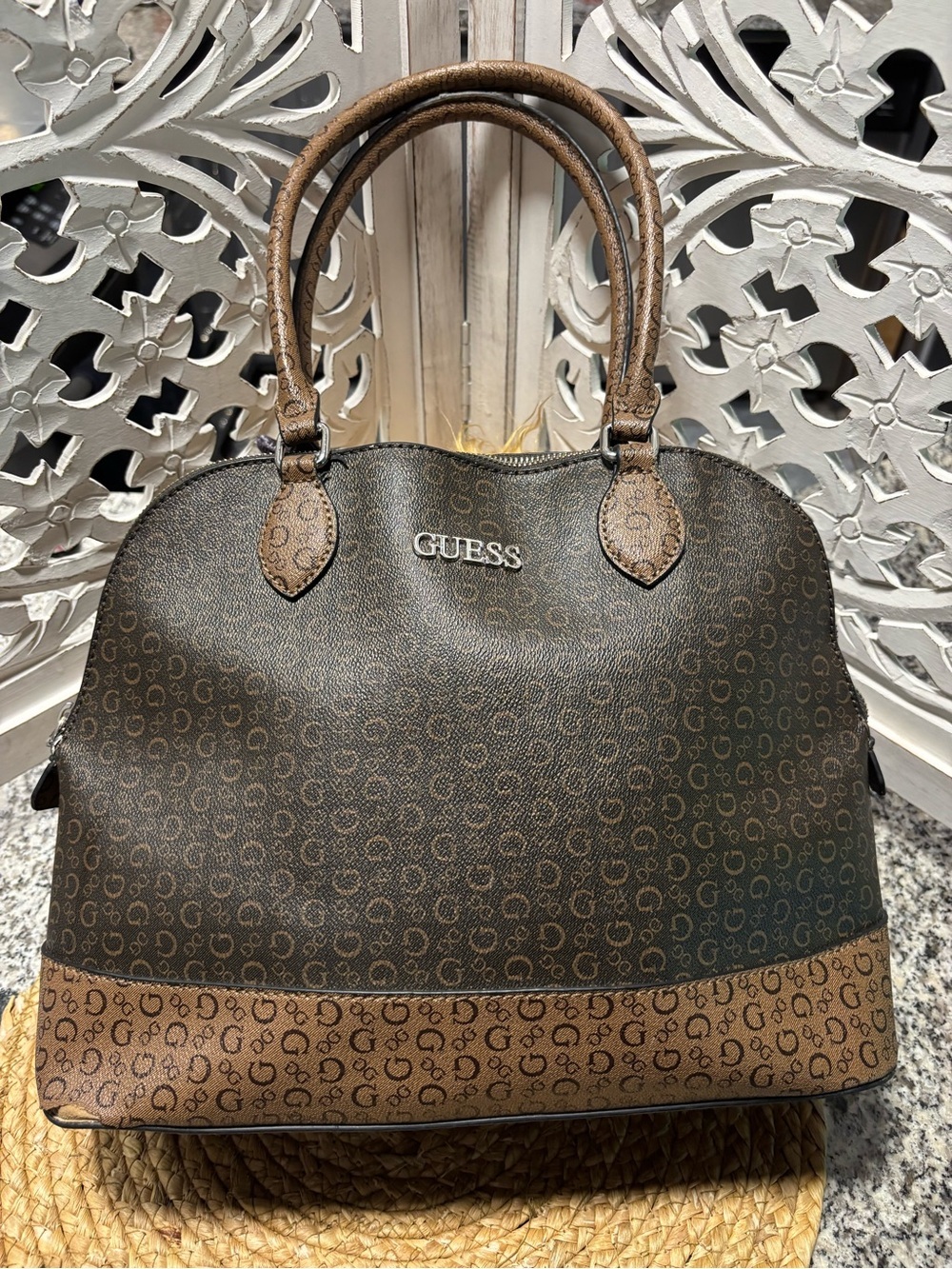 GUESS Brown Two-Tone Logo Satchel - Picture 2 of 14
